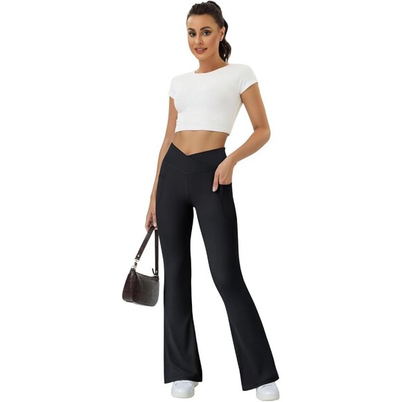 Women's Flare Yoga Pants with Pockets-V Crossover High Waisted Bootcut Yoga Legg - Picture 3 of 5